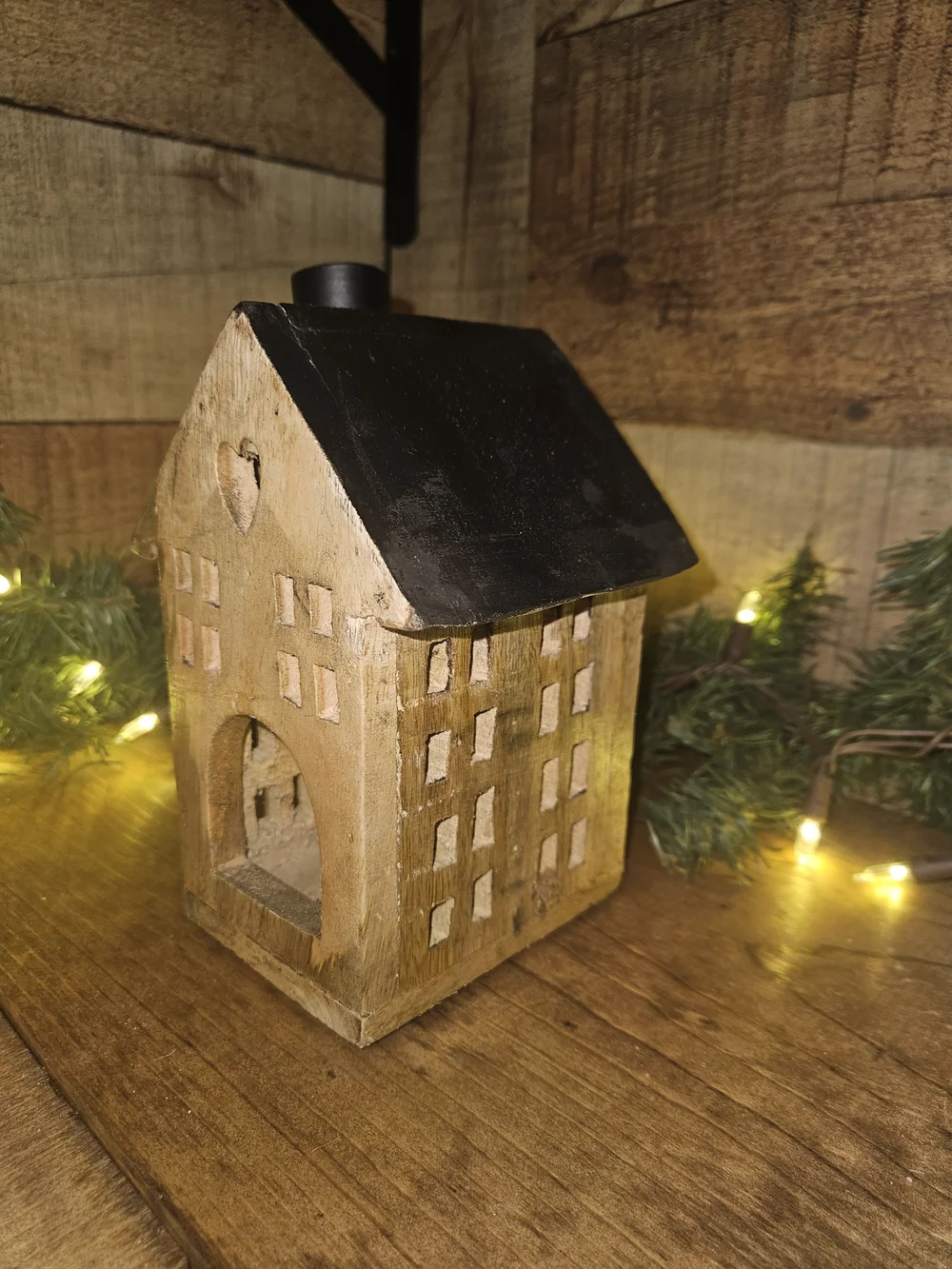 Rustic Wooden House Tea Light Holder - Brown